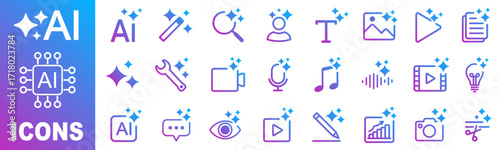 Generate AI icon set. AI assistant tool icons and app buttons, sparkle star artificial intelligence star logo for text, image, video, audio