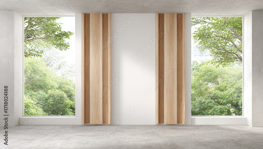 Fototapeta premium A serene, minimalist interior space with large windows showcasing lush greenery outside. Light-colored wooden panels divide the wall, enhancing the peaceful atmosphere.