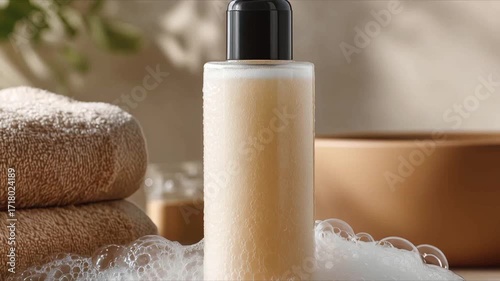 Plastic Bottle with liquid soap with blank space for mockup. Eco-friendly dispenser with shower gel, liquid soap or shampoo and towels in the bathroom