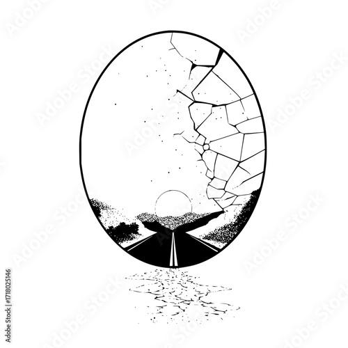 Cracked egg shell road landscape vector art design for print and creative graphic design projects idea