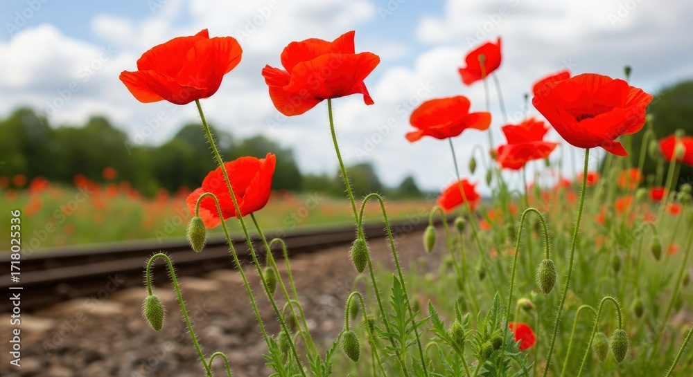 Obraz premium Red poppies bloom along a railroad track under a partly cloudy sky