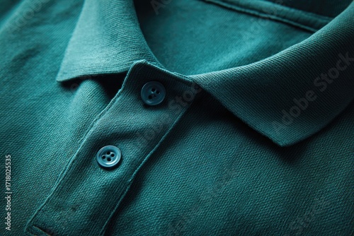 Close-up of a teal polo shirt collar and buttons