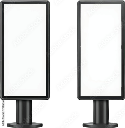 Two Tall Vertical Digital Advertising Displays with Blank White Screens billboard