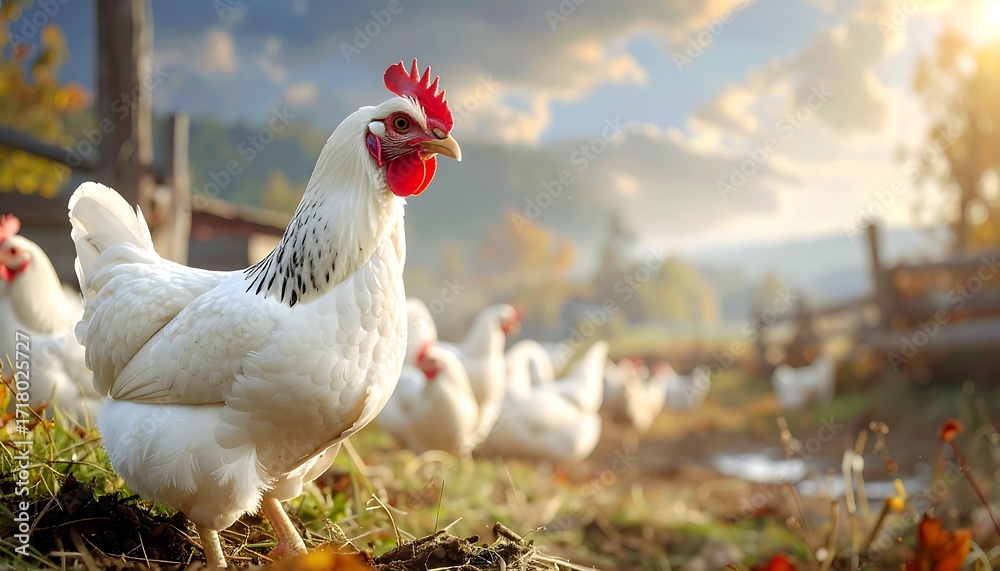 Fototapeta premium Group of white chickens with red combs gathered outdoors on sunlit farm ground near wooden barn and fence, surrounded by trees and warm light, symbolizing free-range poultry and sustainable farming.
