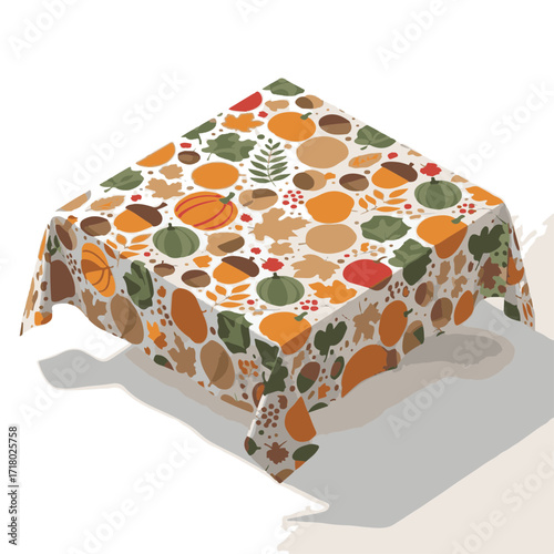 Colorful tablecloth with fruit and leaf pattern on a white background  