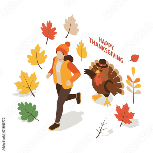 Person running with turkey and autumn leaves for Thanksgiving  
