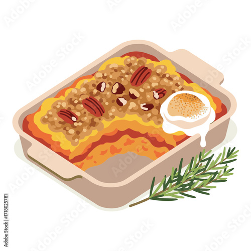 Baked casserole with pecans and creamy topping served with rosemary  