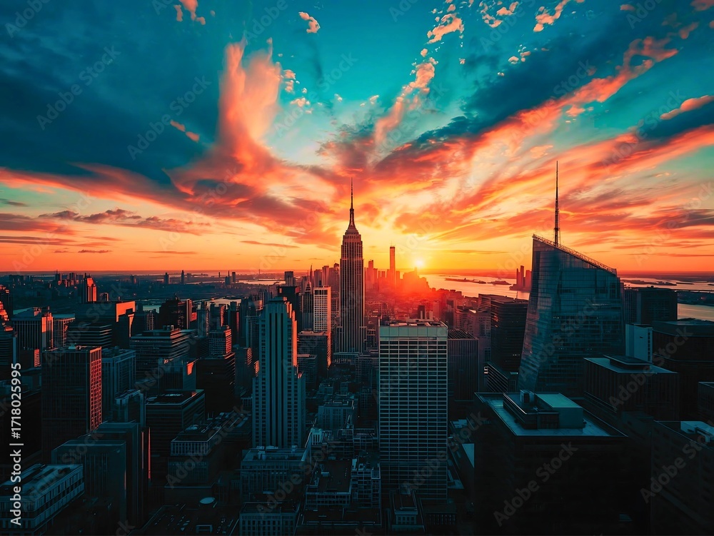 Fototapeta premium “A breathtaking time-lapse of a modern city skyline during sunrise, warm golden light reflecting on skyscraper windows, soft moving clouds. 