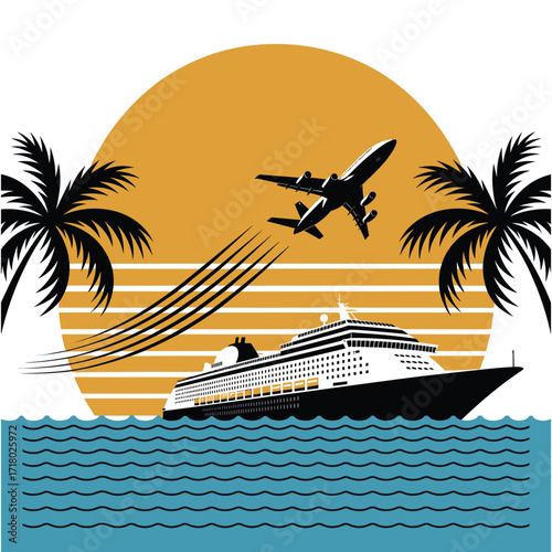 "Cruise Ship and Airplane Travel Illustration – Tropical Sunset with Palm Trees"