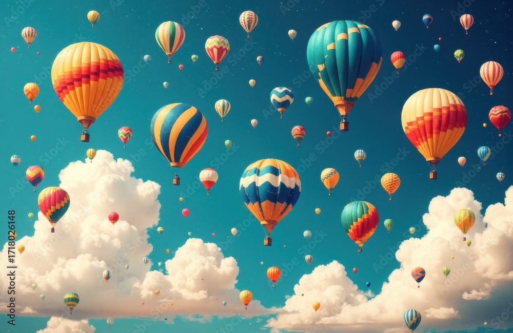 Obraz premium Colorful hot air balloons floating in a bright sky with fluffy clouds and a deep blue background