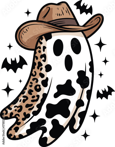 Cute ghost in cowboy hat with leopard and cow print