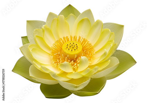 A radiant, pale yellow lotus blossom, vibrant and detailed, captivates with its delicate petals and vivid yellow center against a striking black backdrop.