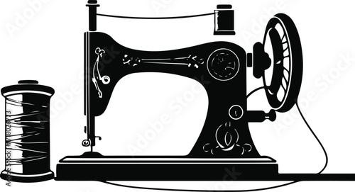 Minimal line art of sewing machine with thread roll 1