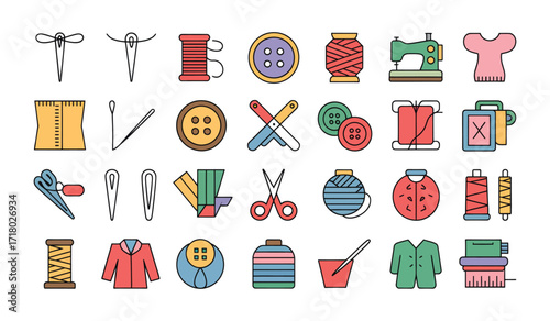 Colorful sewing and knitting supplies icons collection for creative craft projects isolated on white background