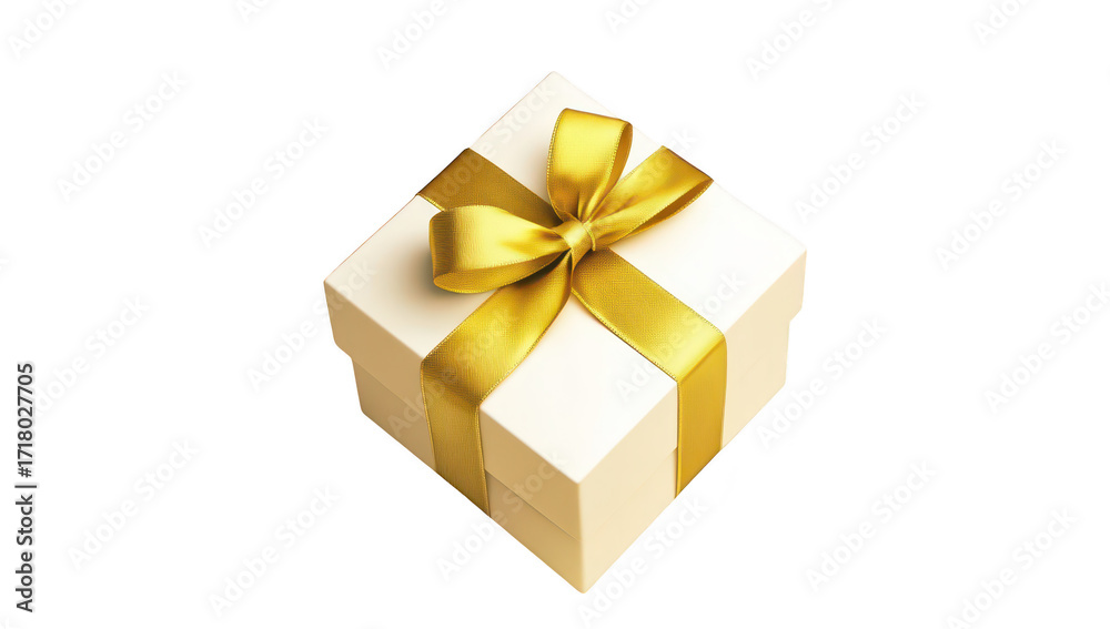 Fototapeta premium A beautifully wrapped white gift box adorned with a shiny golden ribbon. placed elegantly on a soft. neutral background. perfect for celebrations and special occasions
