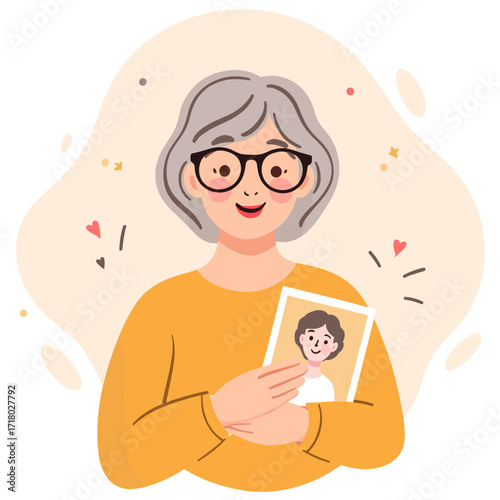 Senior woman holding photo. Elderly lady looking at old photograph. Older woman remembering past through picture. Retired woman cherishing family photo. Elderly set