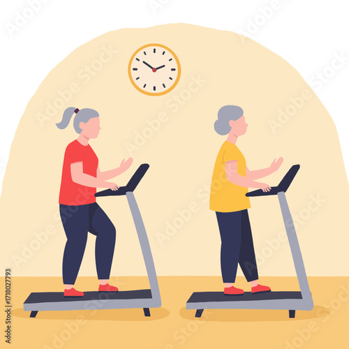 Elderly woman on treadmill. Senior lady exercising at gym. Older woman walking on treadmill machine. Retired woman doing cardio workout. Elderly set