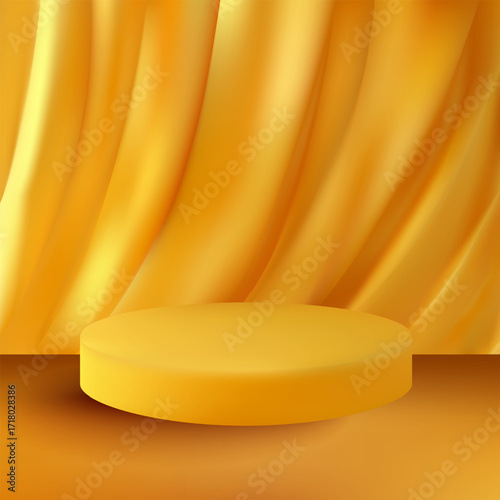 Elegant 3D podium against a backdrop of golden drapes for product display. Eps 10