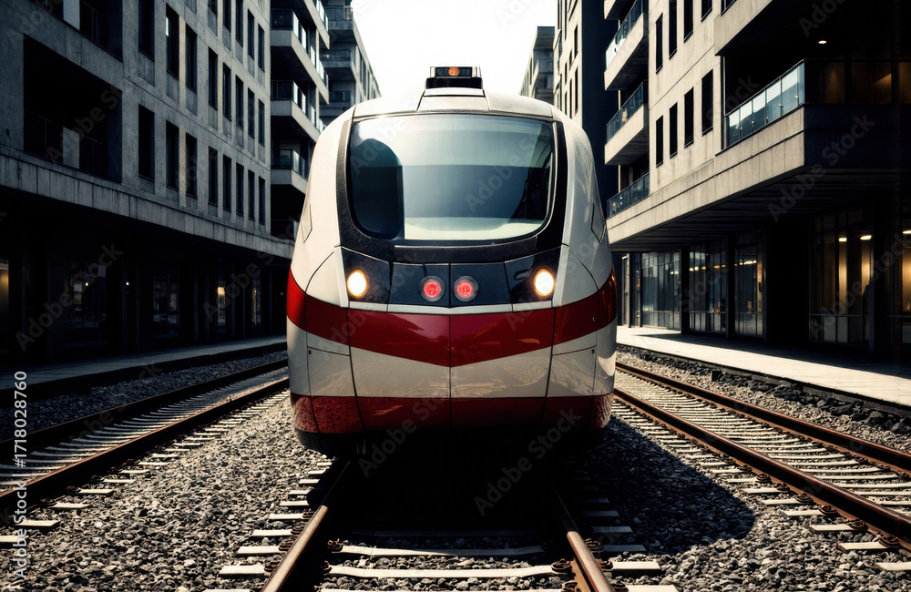 Naklejka premium Modern train traveling through urban cityscape with tall buildings on either side