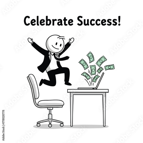 A happy cartoon businessman celebrating financial success as money flies out of a laptop computer.