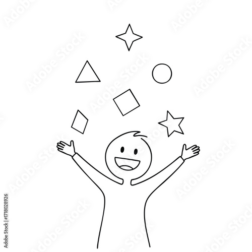 A joyful cartoon character happily tossing various geometric shapes like stars and squares into the air.
