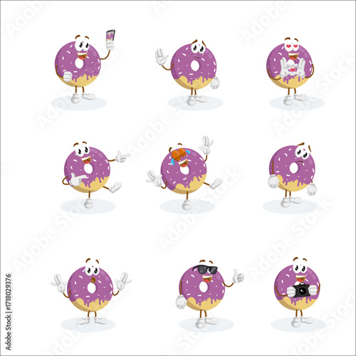Collection of a cartoon donut mascot character in various emotional poses and activities like gaming and taking a selfie