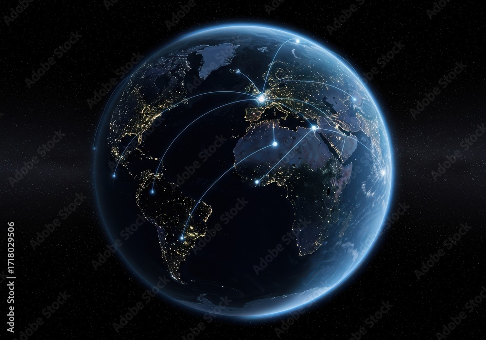 Fototapeta premium Global network connections illuminating earth at night with bright city lights and interconnected digital pathways