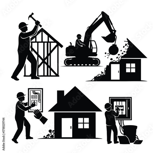 A set of black silhouette icons depicting house construction demolition electrical work and window installation.