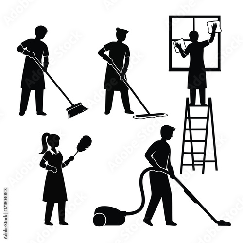 A set of black silhouettes depicting people performing various cleaning and housekeeping tasks.