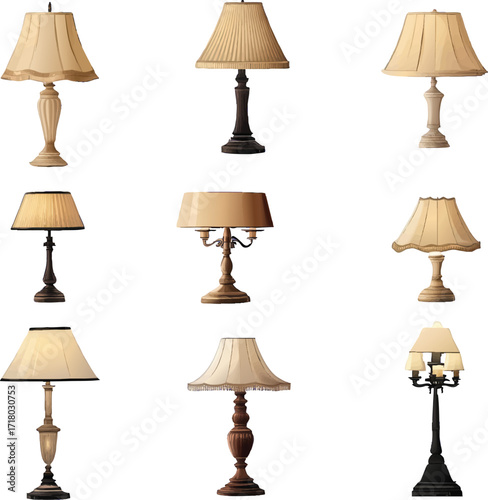 Collection of Nine Vintage Table Lamps with Fabric Shades antique lighting