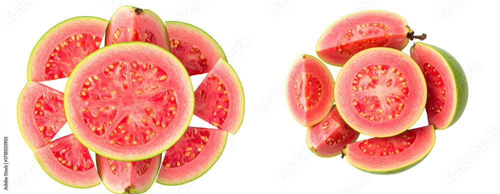 Naklejka premium Sat of Top-View Pink Guava Slice Arrangement – Realistic Cut Fruit PNG