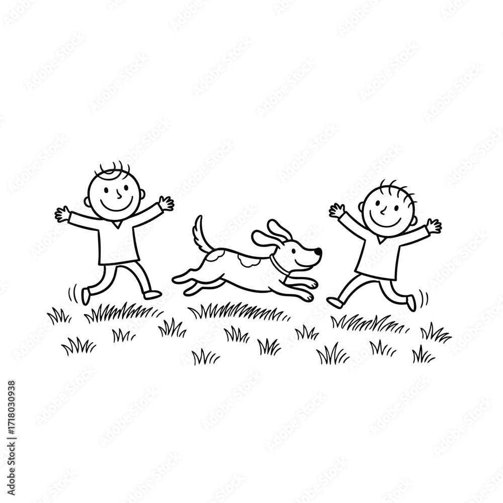 Naklejka premium A simple black and white line drawing of two happy boys playing and running with their pet dog in the grass.