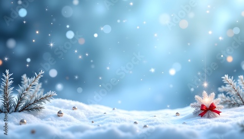 The background features a serene winter scene with a blanket of soft blue snow, delicate snowflakes gently falling from the sky
