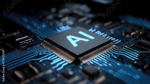 A computer chip with the letters 'AI' on it, set against a dark background with blue and black lines.