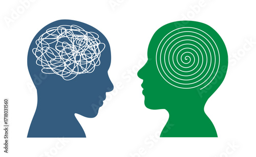 Humans head silhouette psychotherapy concept, equal rings and scribbles, psychological trauma, brain with tangled knot in man head, mood disorder problem, mental problem solving, mental health