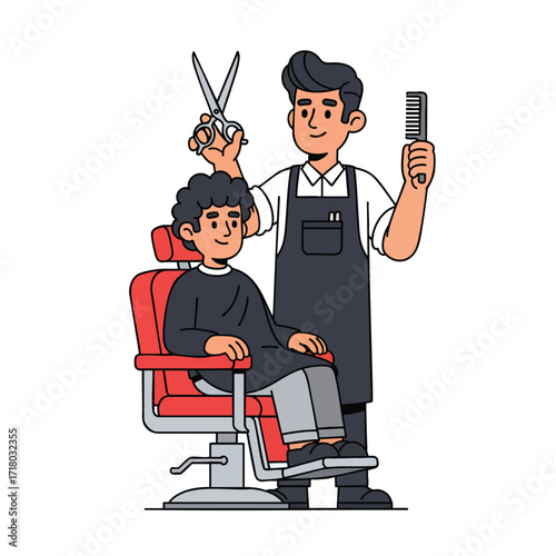 Cartoon illustration of a male barber giving a haircut to a client in a salon chair.