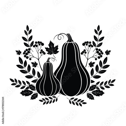Black silhouette of two autumn gourds with decorative leaves and berries.