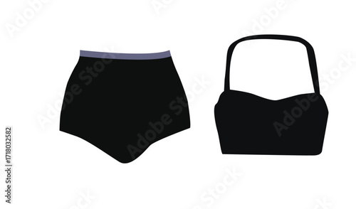 Black high waisted bikini bottoms and a matching halter neck bikini top
