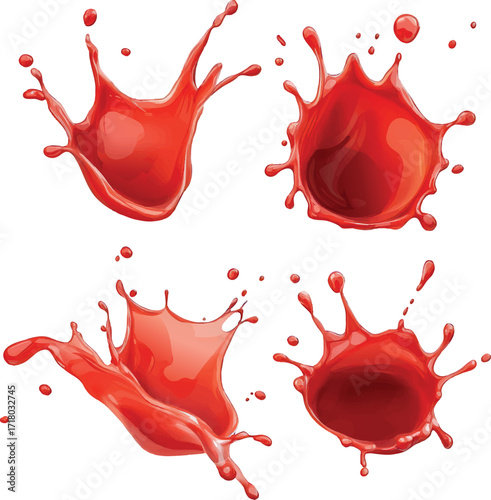 Four dynamic red liquid splashes frozen in motion against a white background fluid