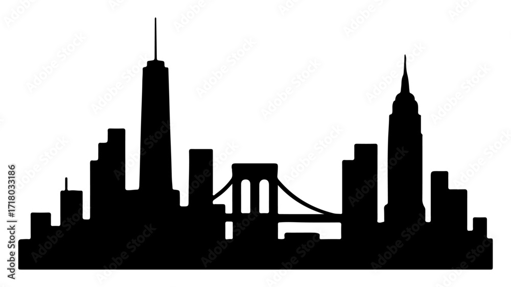 Obraz premium New York City Skyline Silhouette with Bridge and Skyscrapers – Minimalist Symbol of Urban Culture, Connectivity, and Architectural Identity