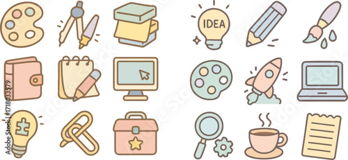 Collection of pastel-colored, simple icons representing various creative and office tools.