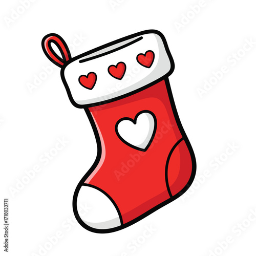 Cute red Christmas stocking with white hearts cartoon illustration.