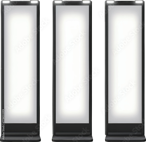 Three vertical digital advertising display screens with illuminated white screens digital display