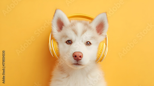 Adorable Husky Puppy with Yellow Headphones Against Bright Yellow Background.