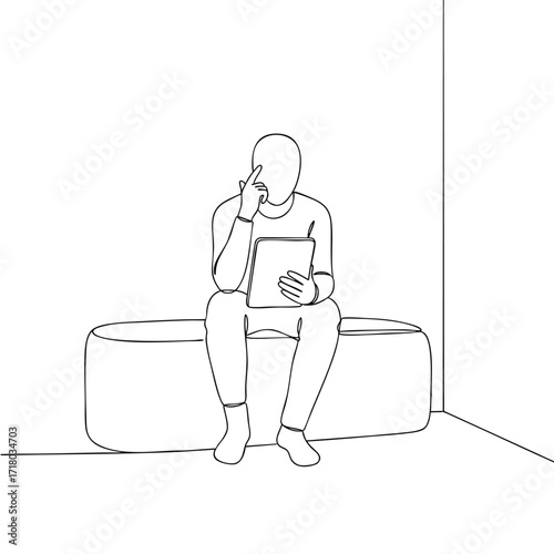 Minimalist line drawing of a person sitting on a bench thinking while holding a tablet.