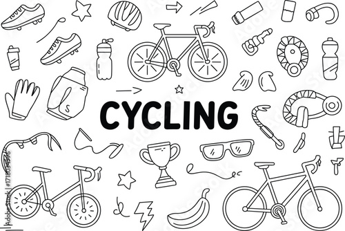 Cycling themed doodle art with bicycles and sports equipment bike drawing