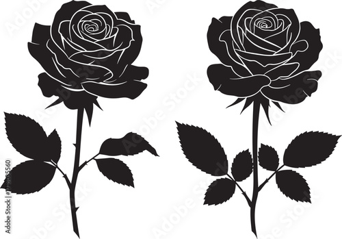 Two detailed black rose silhouettes with stems and leaves