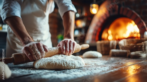 A baker rolls dough on a floured wooden table in front of a rustic, brick oven with a warm fire glowing inside