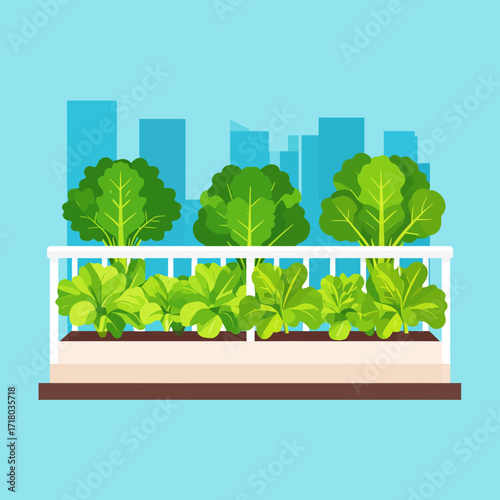 Urban rooftop vegetable garden with city skyline in the background, symbolizing sustainable urban agriculture and green living