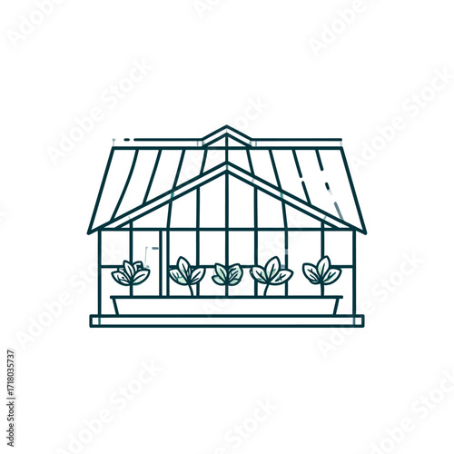Vector icon of a greenhouse with young plants, a simple line art illustration for gardening and horticulture concepts